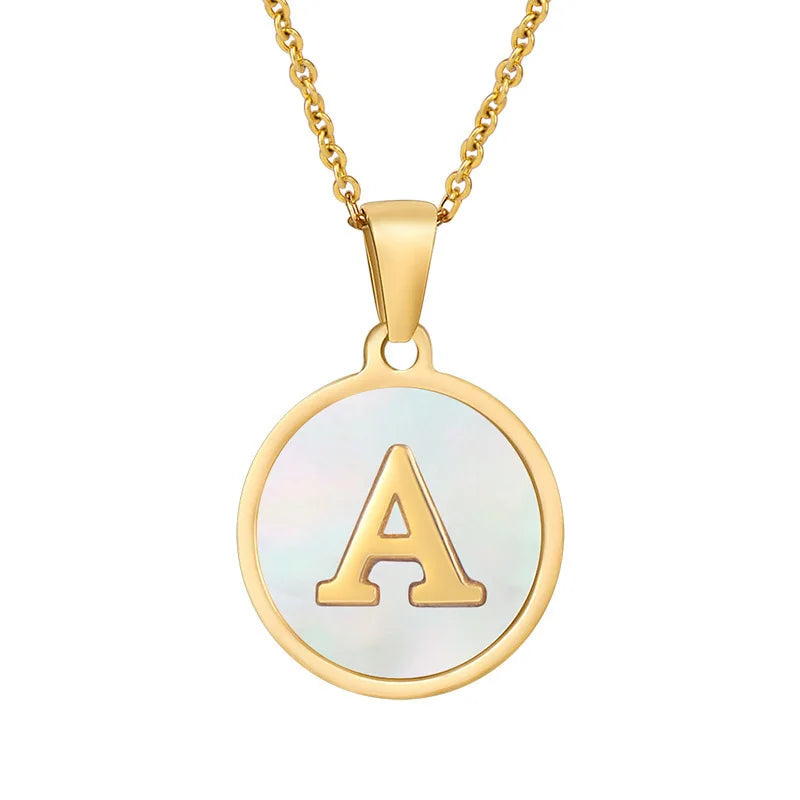 Small Size Genuine Shell Round Shape Necklace 26 English Letter Natural Shell Stainless Steel Pendant