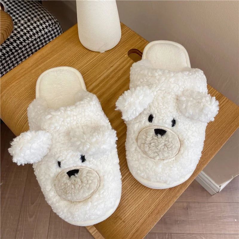 Women Girls Winter Autumn Anti-Slip Closed Toe Cute Dog Puppy Animal Plush Fleece Indoor Home Warm Slipper