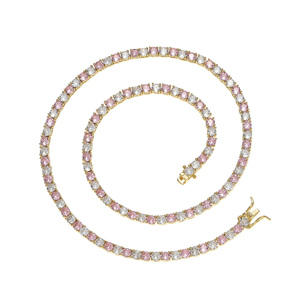 BC129  4MM 18INCH Colorful Tennis Chain Brass With Pink and White CZ Tennis Necklace