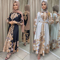 Hot Sale Romantic Islamic Clothing Dress Lapel Lapel Long Sleeve Gold Floral Printed Solid Color Arabic Abaya Dress for Muslimah