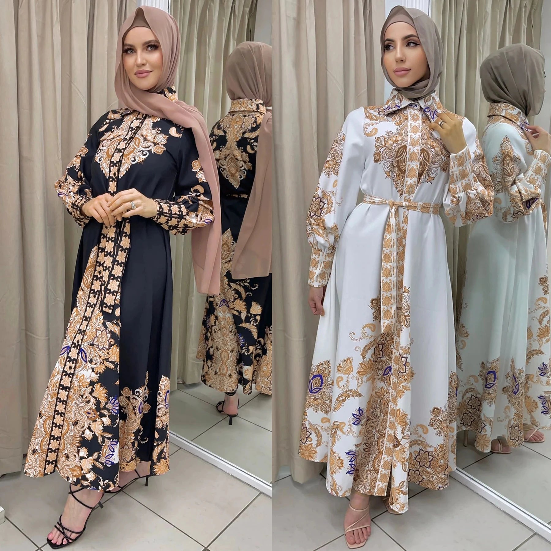 Hot Sale Romantic Islamic Clothing Dress Lapel Lapel Long Sleeve Gold Floral Printed Solid Color Arabic Abaya Dress for Muslimah