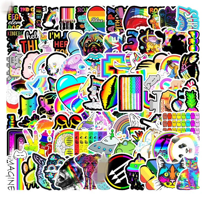 100PCS Ins style laser colorful cartoon animals cool trendy rainbow sticker