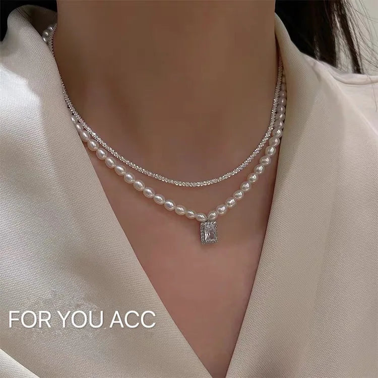Vintage Double Layer Clavicle Chain Korean Style Freshwater Pearl Necklace Women Personality Punk Temperamental Necklace Jewelry