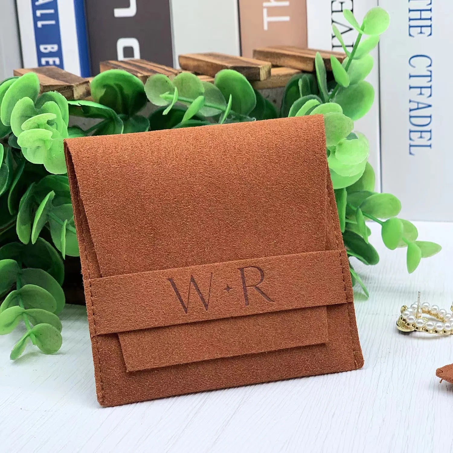 JUNE Fashion Brown Microfiber Cloth Emboss Logo Flap Jewelry Pouches Dust Bag