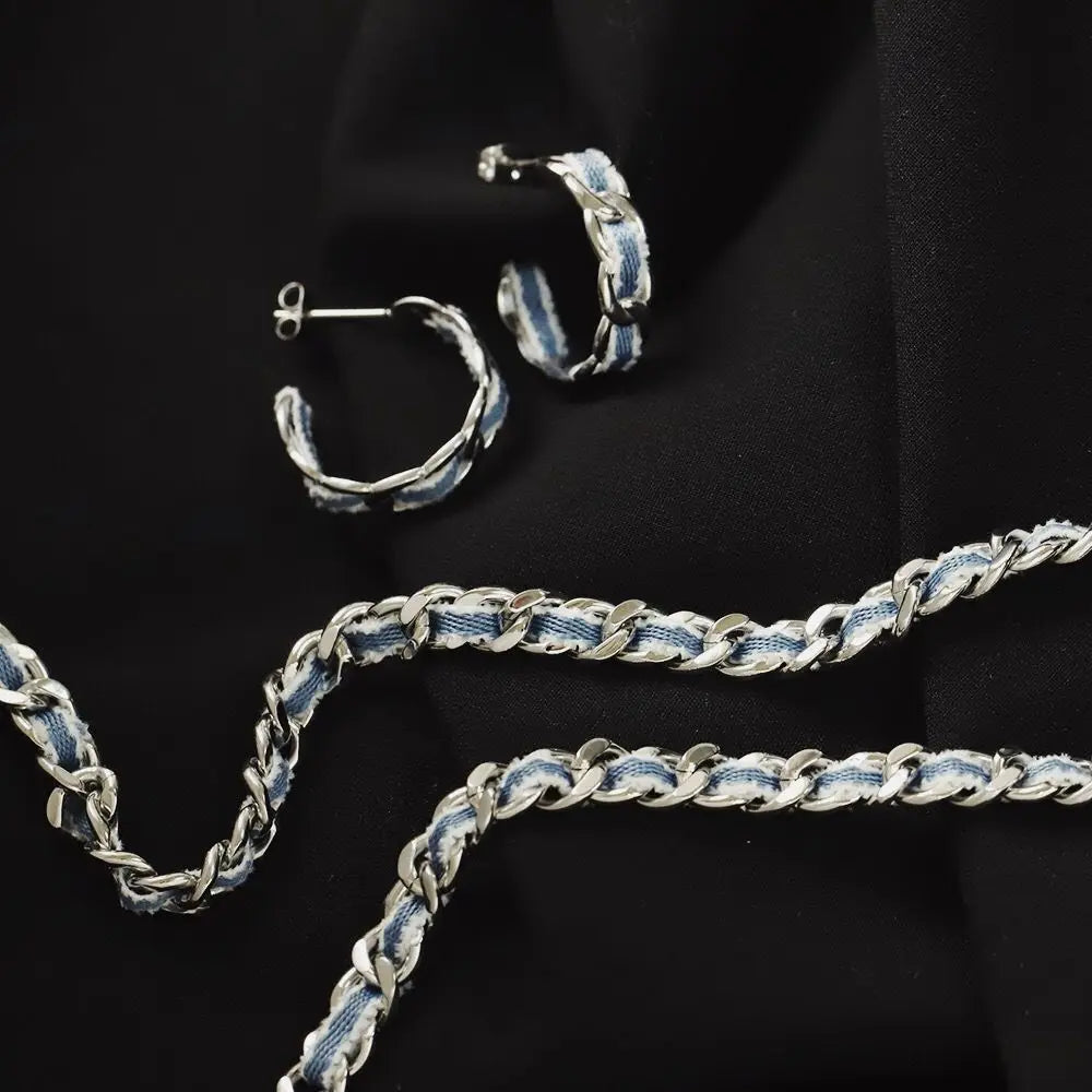 Aimee Fashion Jewelry Gold PLated Cuban Denim Chain Stainless Steel Hoop Necklace Earring Set
