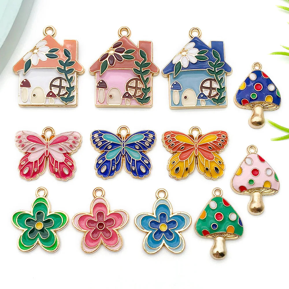 Cottage Butterfly Mushroom Flower Charm Gold Tone Zinc Alloy Enamel Assortment for Bracelet Earring Making MegaBDM