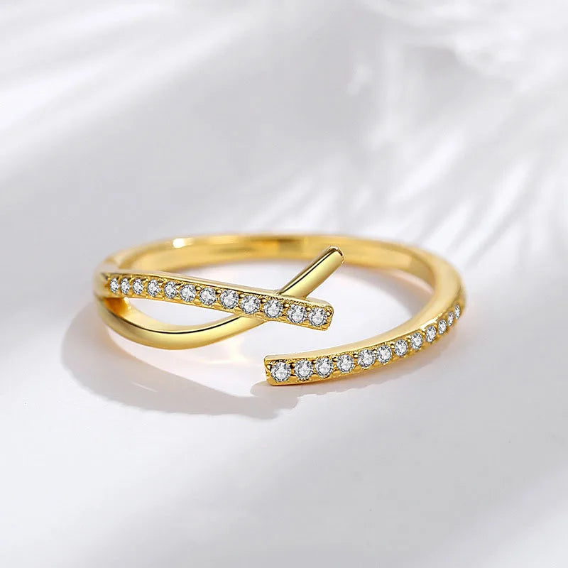 Fashion Jewelry 925 Sterling Silver Simple 5A Cubic Zircon Cross-Line Adjustable Open Ring