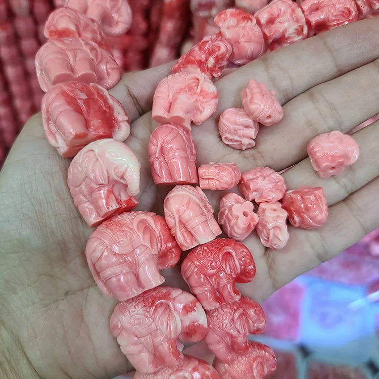 SL0340 Carved Synthetic Coral Stone Shell Elephant Jewelry Beads