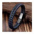 Blue Black Handmade Genuine Leather Men's Bracelet Punk Stainless Steel Magnetic Clasp Custom Men Wrap Bracelet OT-002