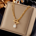 Retro Baroque Pearl Asymmetrical OT Double Chain Stainless Steel Punk Necklace New Style Trendy MegaBDM