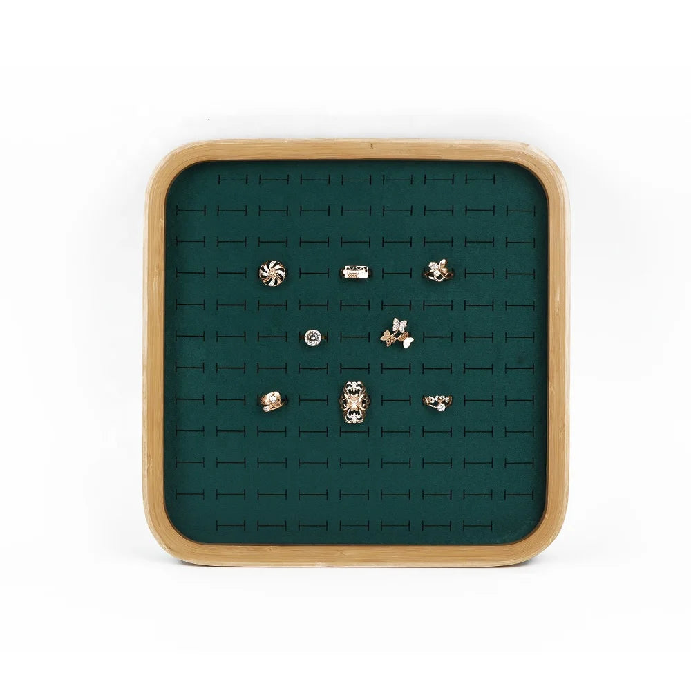 Natural Bamboo Green Velvet Jewelry Display Trays Round Corner Jewelry Display Stand With Sponge for Rings