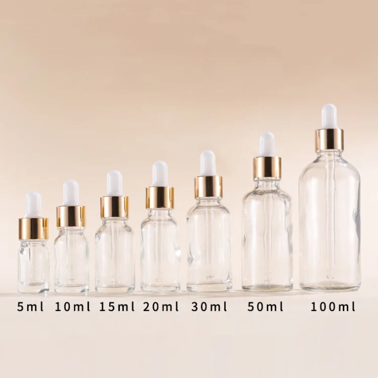 Wholesale Skincare Cosmetic Packaging 5ml 15ml 30ml 50ml 100ml Transparent Gold-ring Essential Oil Glass Dropper Bottle