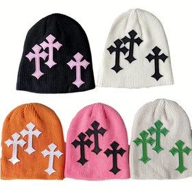 Cross Jacquard Y2K Beanie Candy Color Warm Hip Hop Beanie Unisex Elastic Knitted Hat Skull Cap for Women Men