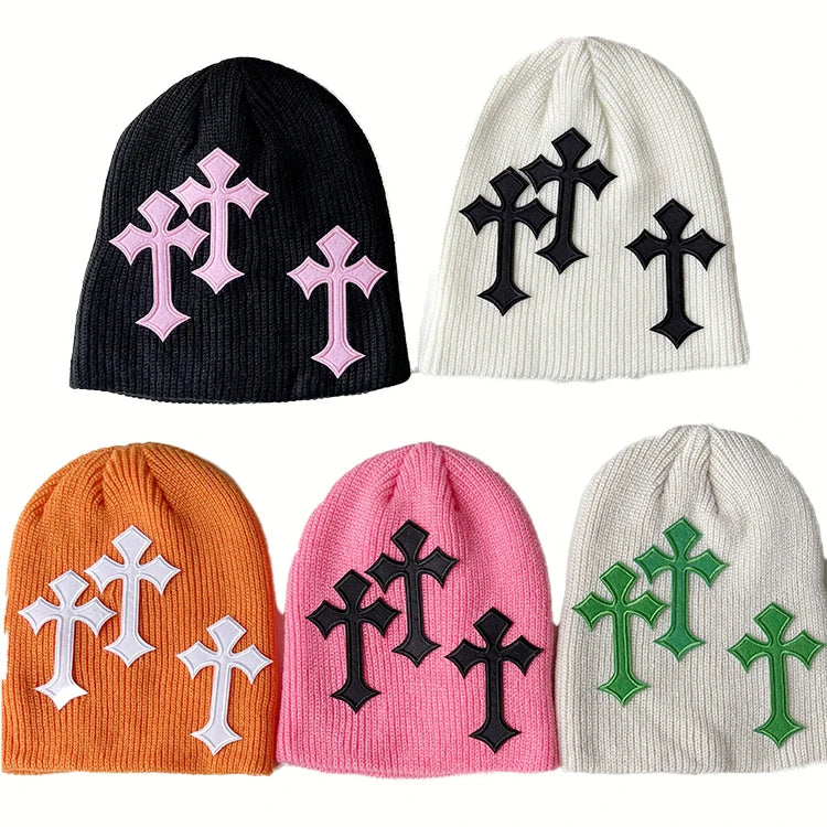 Cross Jacquard Y2K Beanie Candy Color Warm Hip Hop Beanie Unisex Elastic Knitted Hat Skull Cap for Women Men