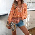Europe America Hot Sell Strapless Puff Printed Floral V Neck Eco-Friendly Bohemian Casual Ladies Top Blouse