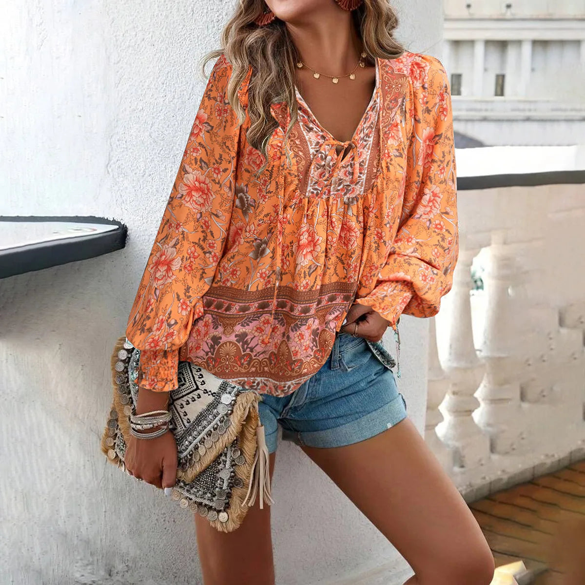 Europe America Hot Sell Strapless Puff Printed Floral V Neck Eco-Friendly Bohemian Casual Ladies Top Blouse