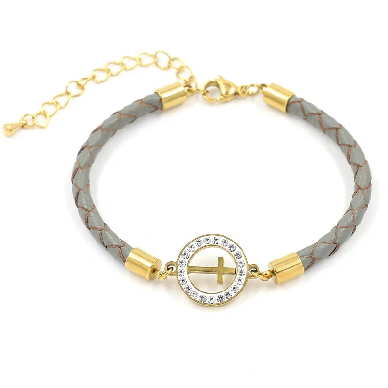 Colorful Leather Braided Rope Golden Stainless Steel Cross Diamond Charm Bracelet for Women