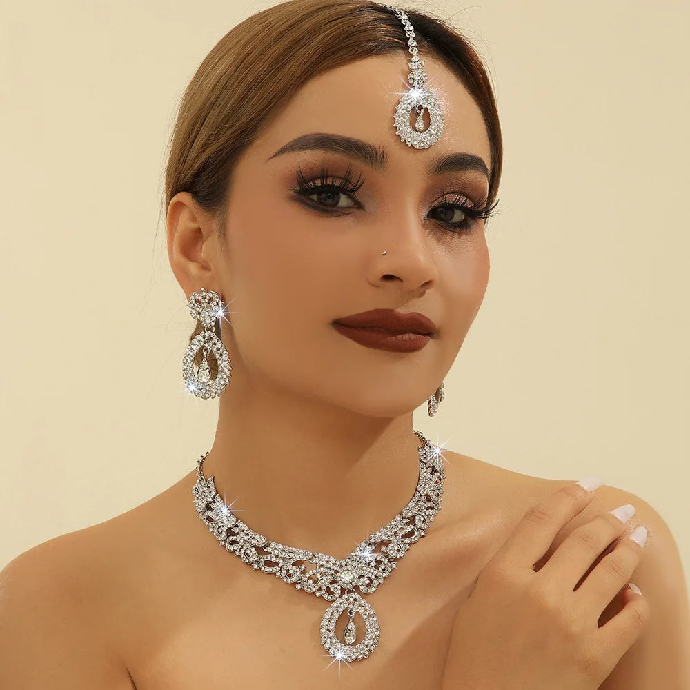 Bridal Czech Crystal Diamond Necklace Sets Forehead Chain Earrings Choker Necklace Wedding Party