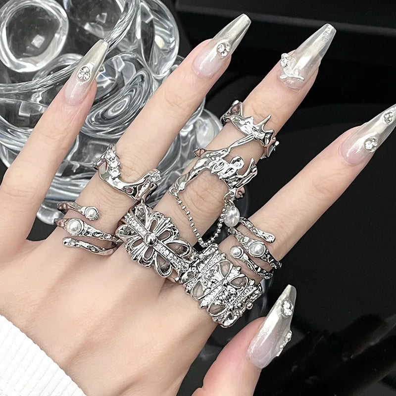 Crinkled French Cross Chain Tassel Open Ring for Women Y2K Luxury Silver Plated Zircon Wedding Ring Engagement Finger Ring