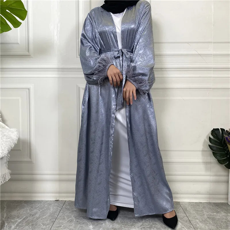 Muslim Eid Open Abaya Dubai Feather Sleeve Turkish Kaftan Women Islamic Clothing Kimono Printed Cashew Satin Abaya