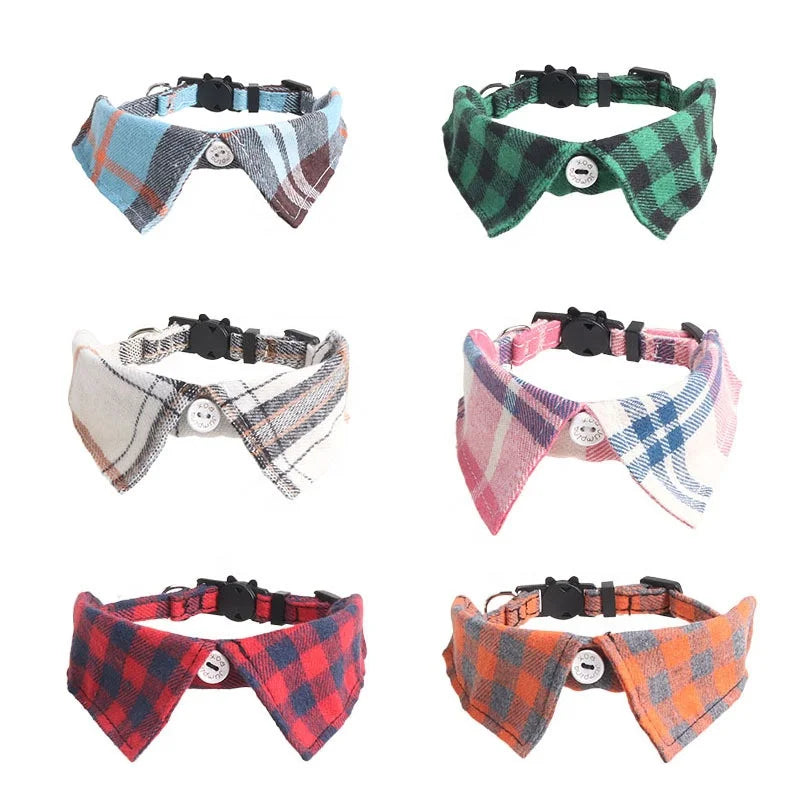 Pet Suit Tie Cat Tie Denim Fabric Checkered Plaid Pattern Shirt Collar Design Cat Dog Collar Design with Buckle and Small Bell