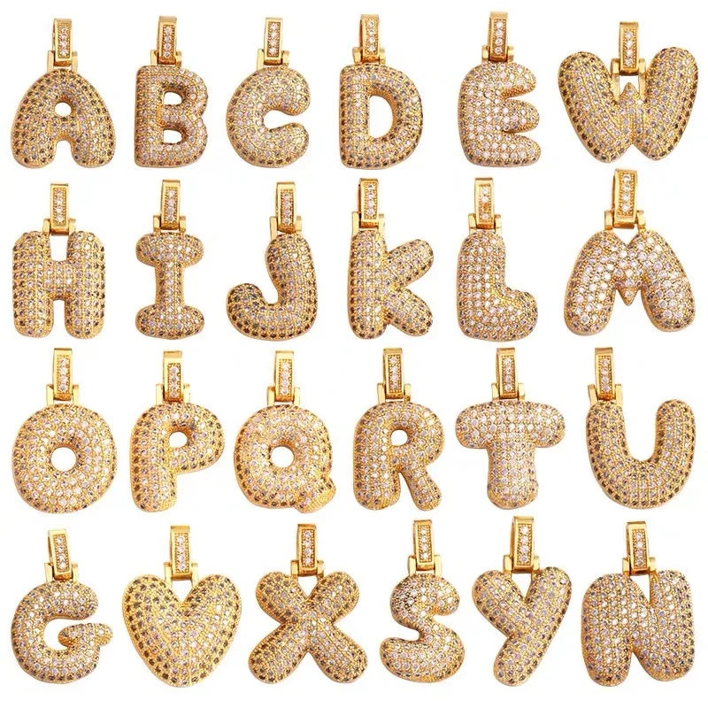 2024 Hot Sale Gold Plated Diamond Zircon Fat Cute Alphabet Balloon Bubble Initial chain Necklace DIY