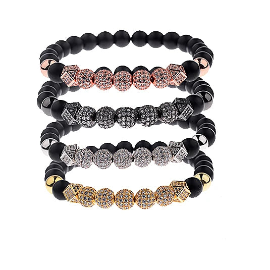 8MM Brass Rhinestone Pave Rose Gold Plated Ball Beaded Bangle Luxury Children's Matte Stone Macrame Engagement Trendy Bracelet