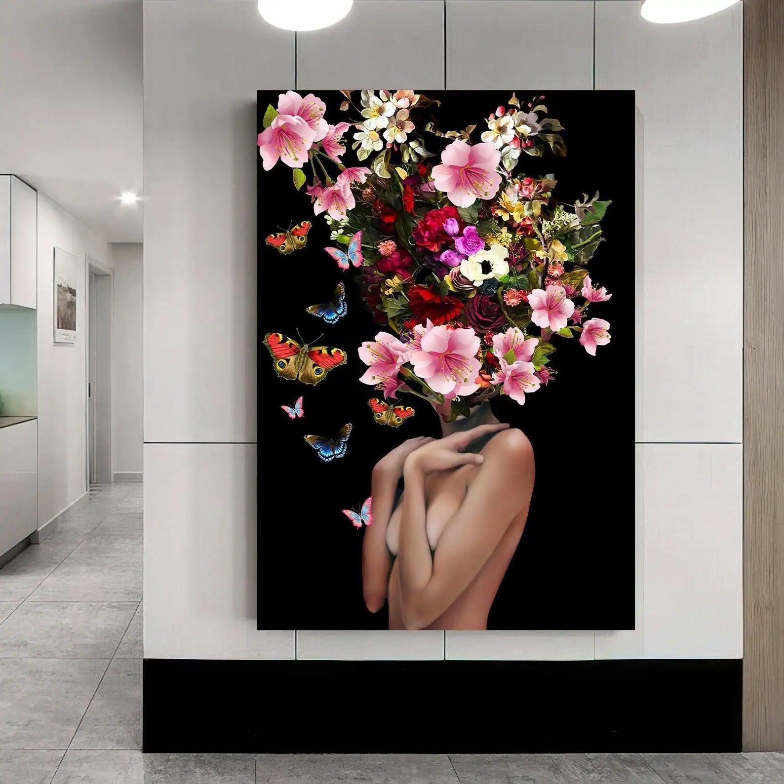 Woman with Flower Head Canvas Painting pink Roses Canvas Print Poster Flowers and Ready Hanging Art
