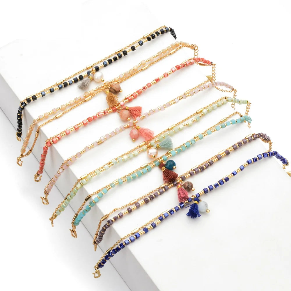 Delicate Boho Morse Code Beaded Crystal Bracelet Minimalist Gemstone Tassel Pendant Layering Bracelet