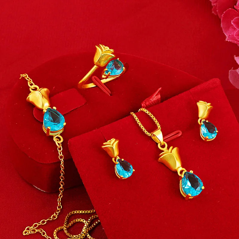 Gold Platedthe Same Ese  Gold Platedinlaid Gemstone Necklace in the Gold Platedshop Women's Gemstone Ring Women's Earring Set