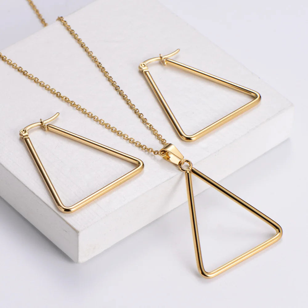 Stainless Steel Gold Geometric Triangle Set Cheap Jewelry Earring Necklace Wholesale