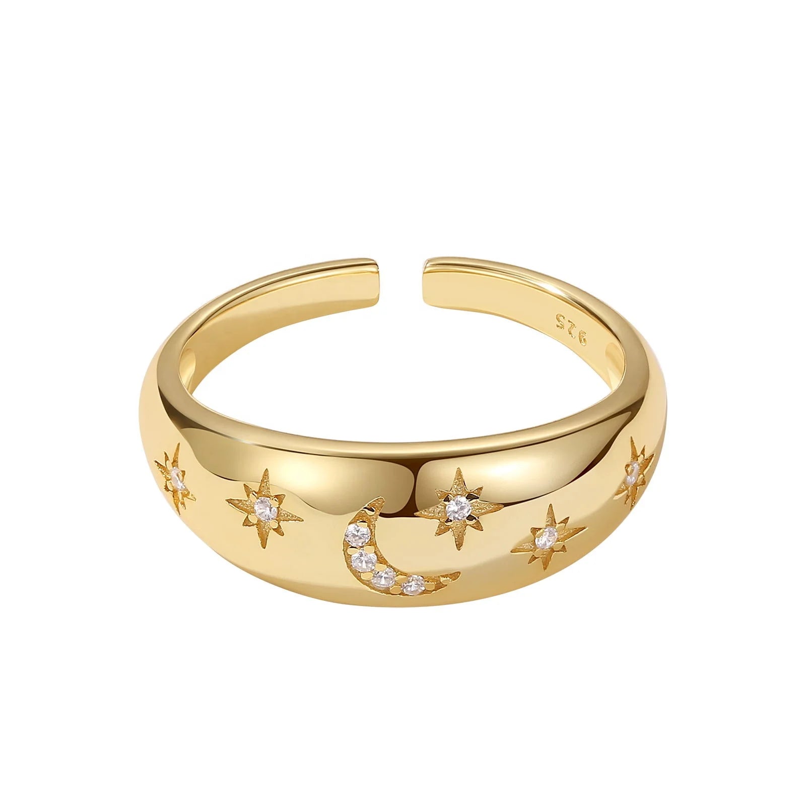 Ready to Ship 925 Sterling Silver 18k Gold Vermeil Crescent Moon Star Cz Adjustable Chunky Dome Ring for Women