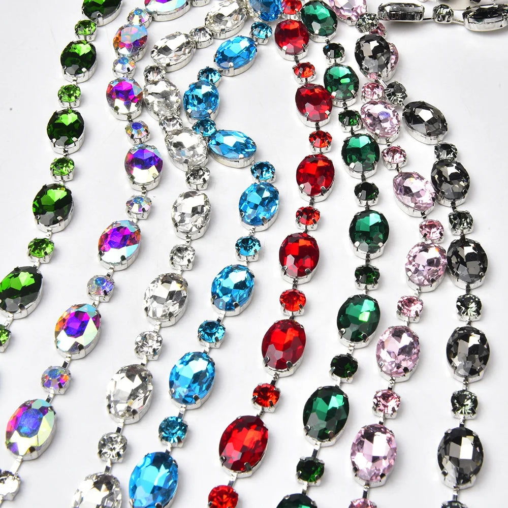 8mm Round+13*18mm Oval Glass Rhinestone Chain DIY Clothing Shoulder Strap Waist Applique Wedding Dress Decorative Crystal Trim