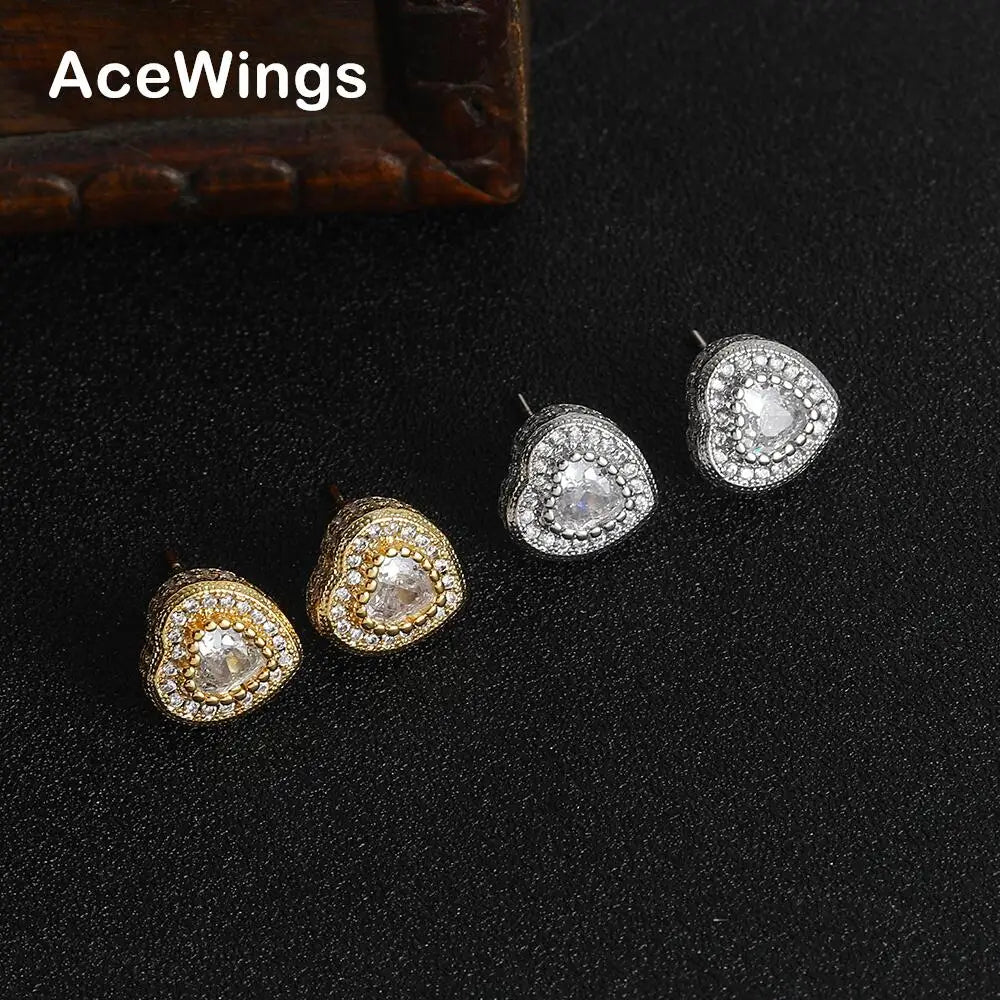 E068  Bling Bling Heart Stud Earrings Brass CZ Female Earrings Fashion Jewelry for Women