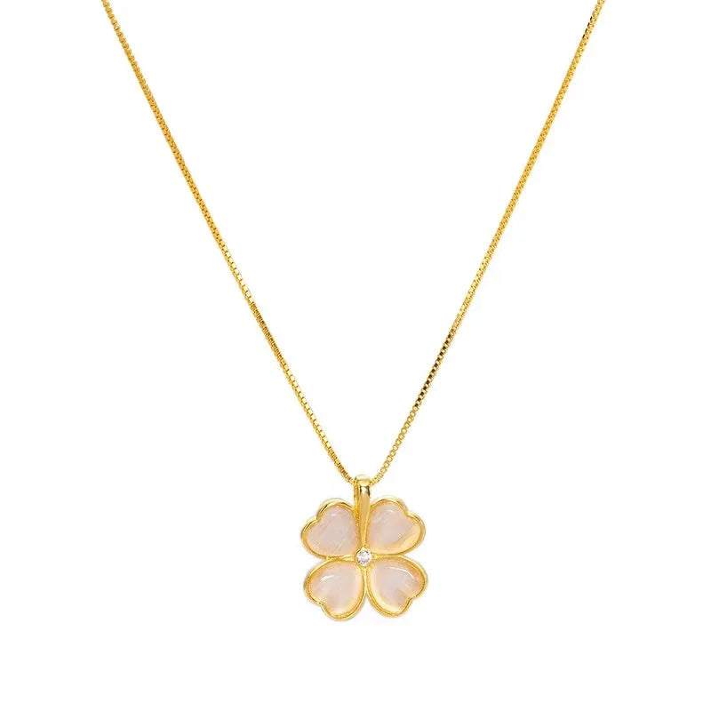 Lucky Four Leaf Grass Gold Plated Cat Eye Exquisite Petal Collar Chain Best Necklaces for Women