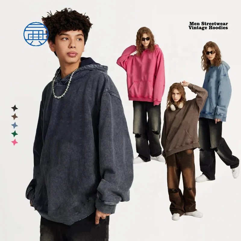 Heavy Weight  Acid Wash Hoodie Men  Make Old Hoodies Custom Fleece Batik Edging  Autumn and Winter Men's  Hoodies