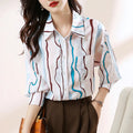 Spring Fall Casual Shirt Stripe Print Sleeve Lapel Button-up Vintage Blouse Elegant Office Tops Blusas 9027#