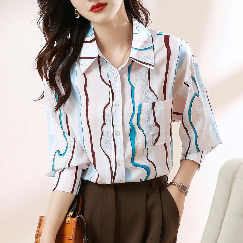 Spring Fall Casual Shirt Stripe Print Sleeve Lapel Button-up Vintage Blouse Elegant Office Tops Blusas 9027#