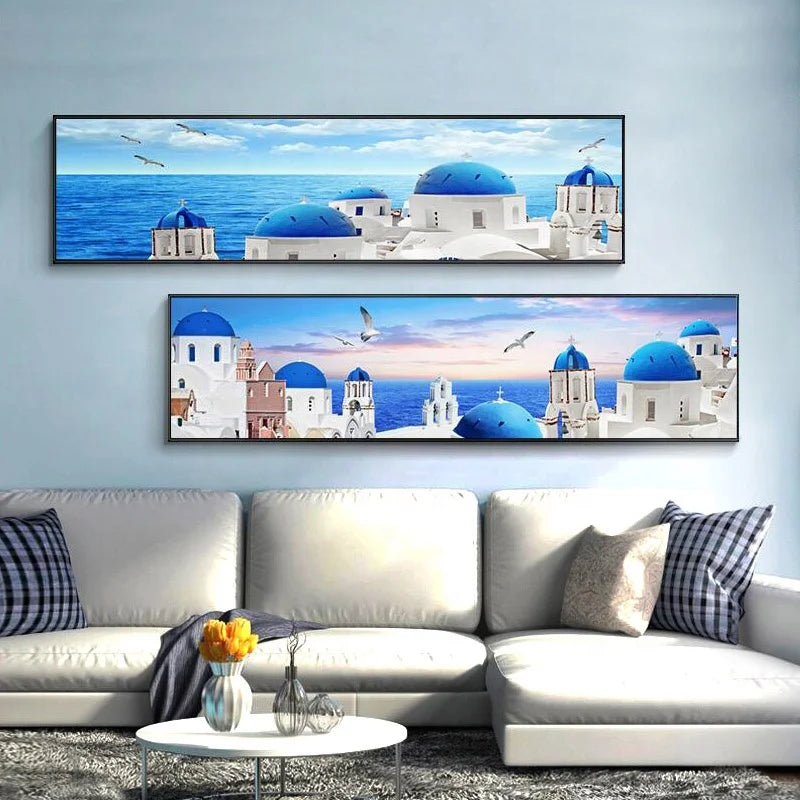 23designs HD Beautiful Landscape Poster Santorini Oil Painting Canvas Blue Ocean Sunset Wall Art Luxury Home Decor Large Size