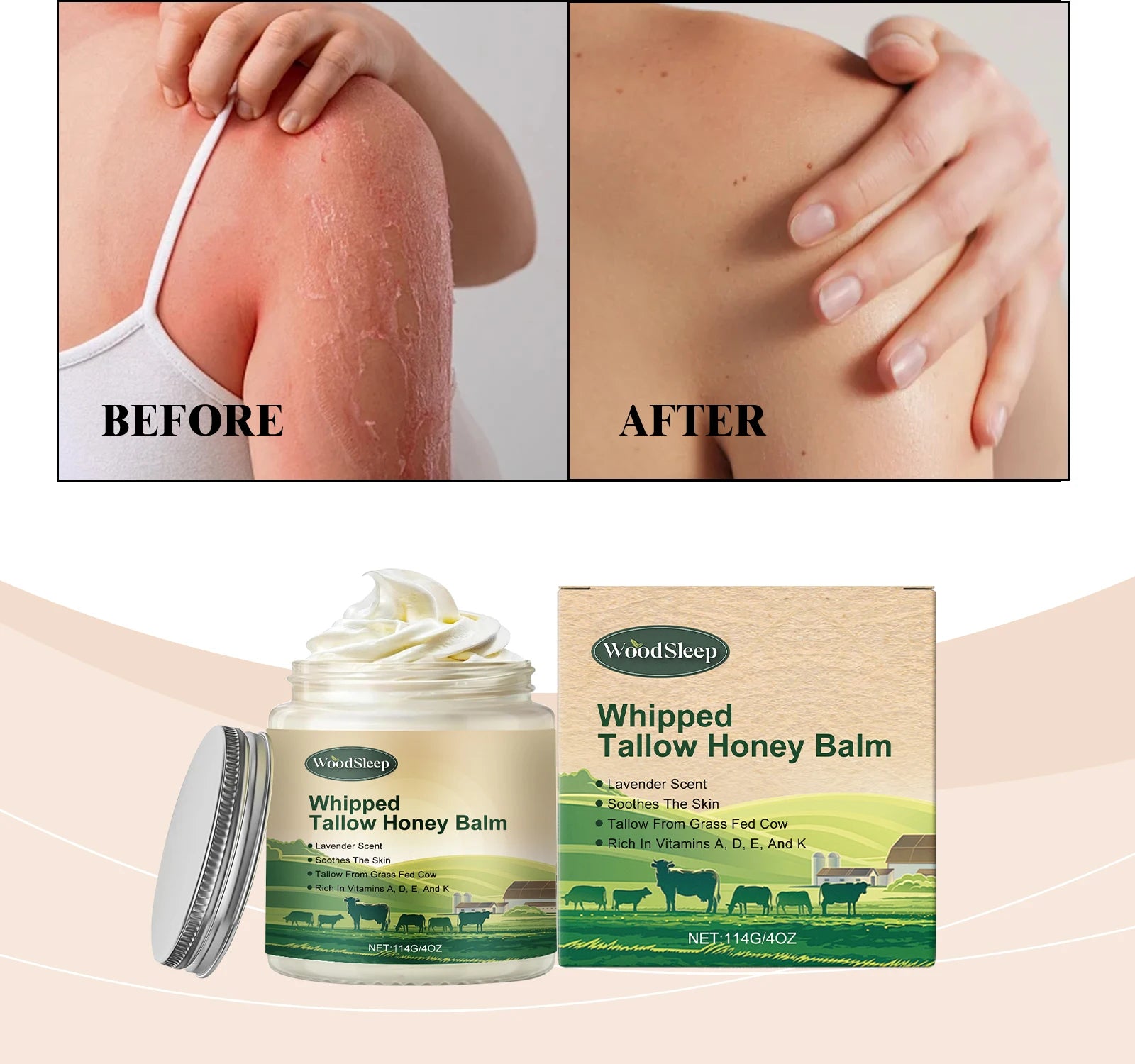 WOODSLEEP Whipped Tallow Honey Balm Body Lotion Lavender Scent Beef Tallow Shea Butter Vitamin E for Skin
