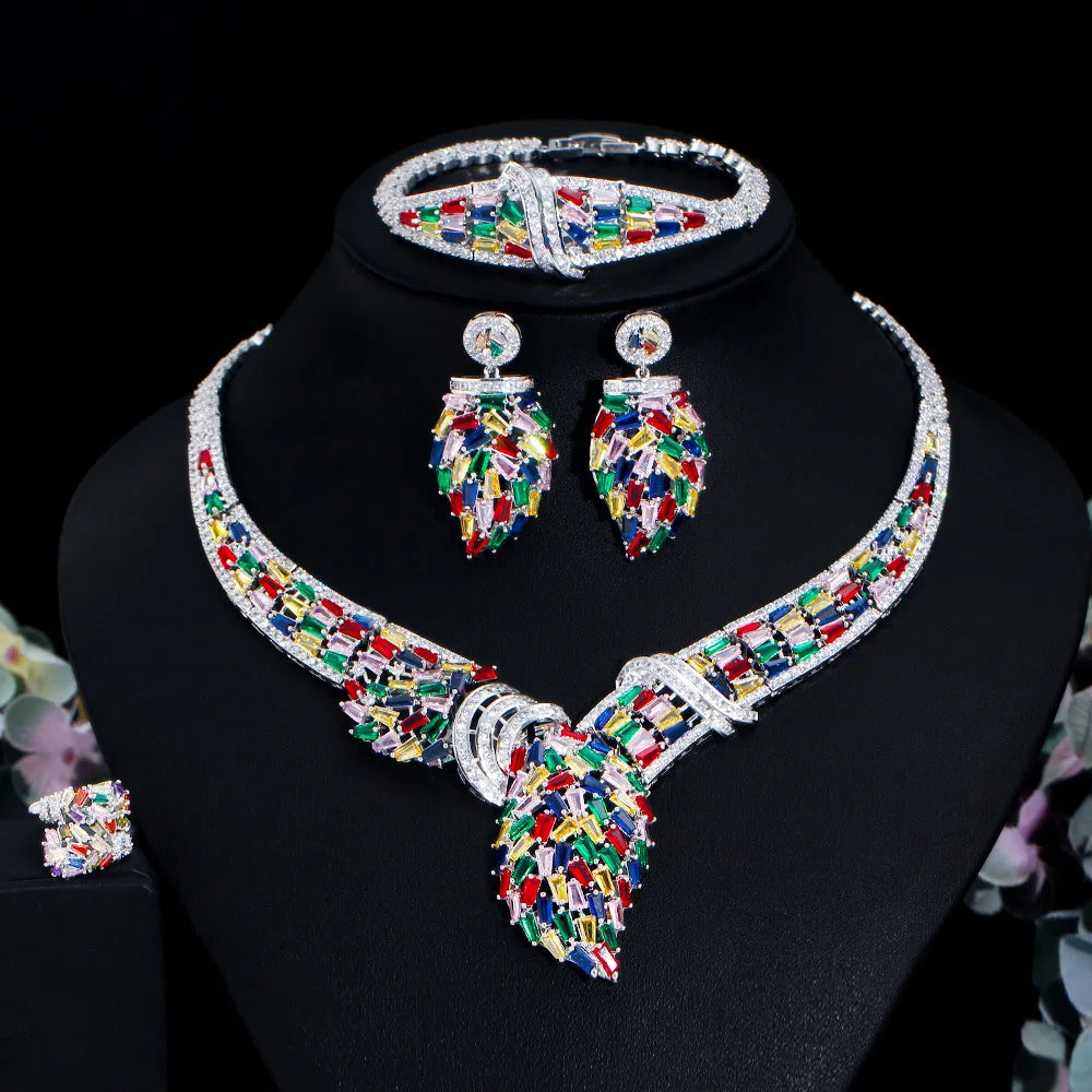 2023 Newest Luxury White Gold Plated Wedding Jewelry Sets Multi Color Zircon Earrings Bracelet Necklace Ring Wedding Sets