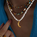 18K Gold Plated Stainless Steel Women's Necklace with Geometric Beads Chain Imitation Pearl Moon Pendant for Gift