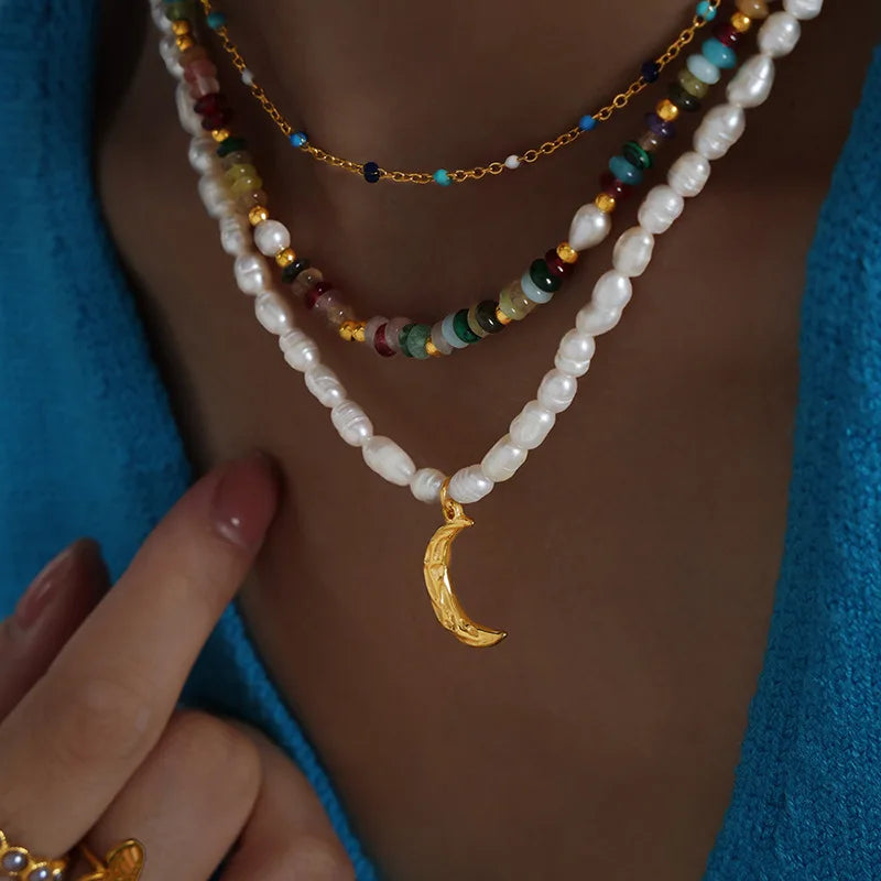 18K Gold Plated Stainless Steel Women's Necklace with Geometric Beads Chain Imitation Pearl Moon Pendant for Gift