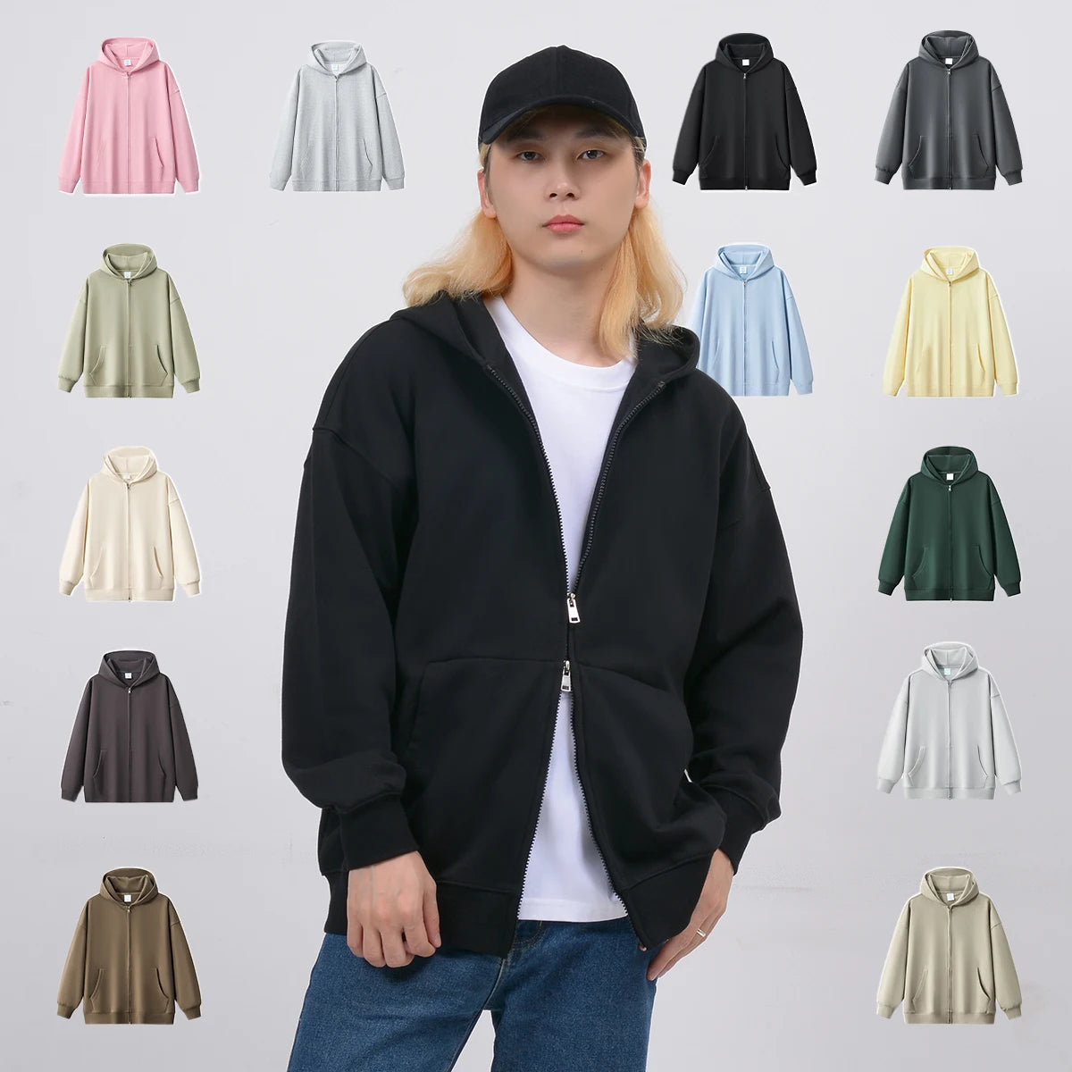 Oem Hevayweight 400gsm French Terry Double Zipper Blank Men Hoodies Drop Shoulder Blank Metal Double Zipper Blank Men Hoodies