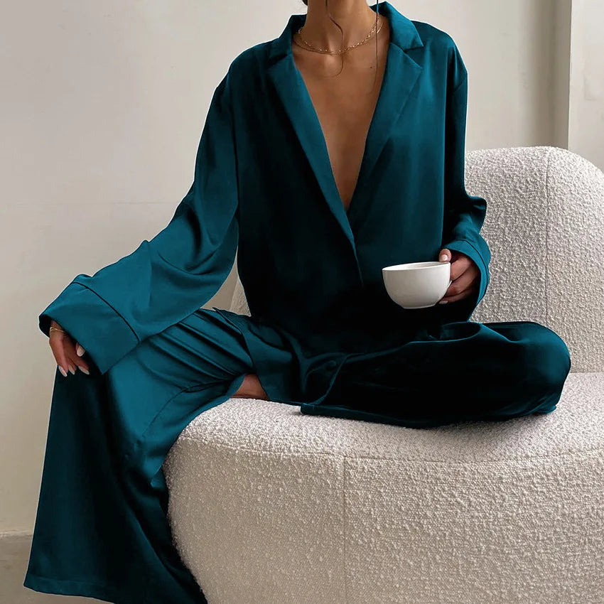Spring Summer Women Casual Solid Color Thin Long Sleeve Pants Satin Pajamas Loungewear Two-piece Sleepwear Women Sets