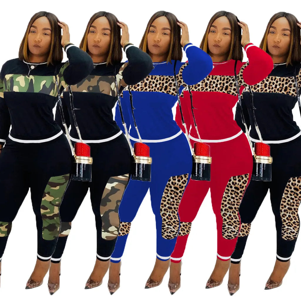 Factory Manufacturer China Plus Size Winter Fall Outfits Leopard Clothes for Women Two Piece Set