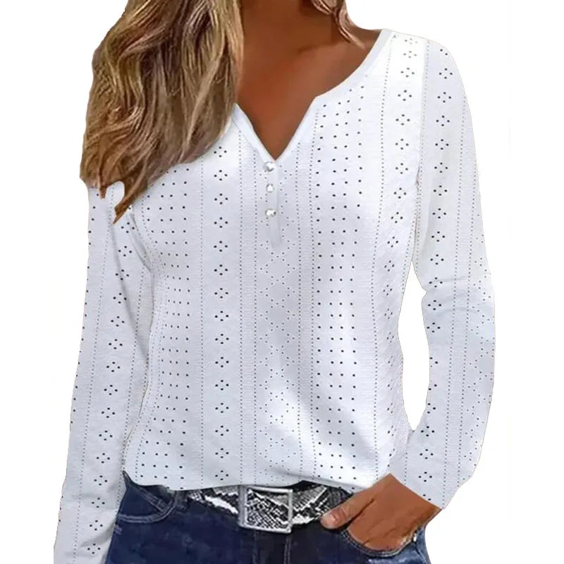 RNSHANGER Autumn New Solid Color White Patchwork Blouse Elegant Office Lady Long Sleeved V-neck Hollowed Out Shirt for Ladies