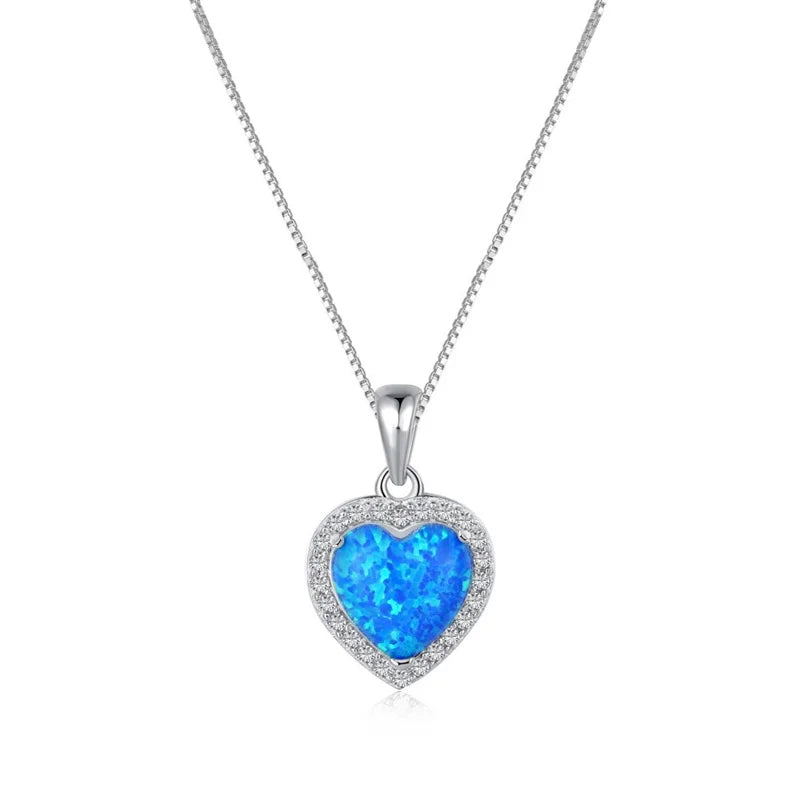 Factory Low Price 925 Sterling Silver Diamond Cut Cable Chain Heart Shape Blue Opal Stone Choker Necklace for Women