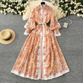 LW0737 2025 Spring Stand Collar Lantern Sleeve Printed Dress Female Pleated Elegant Long Skirt Elegant Casual Dresses Plus Size