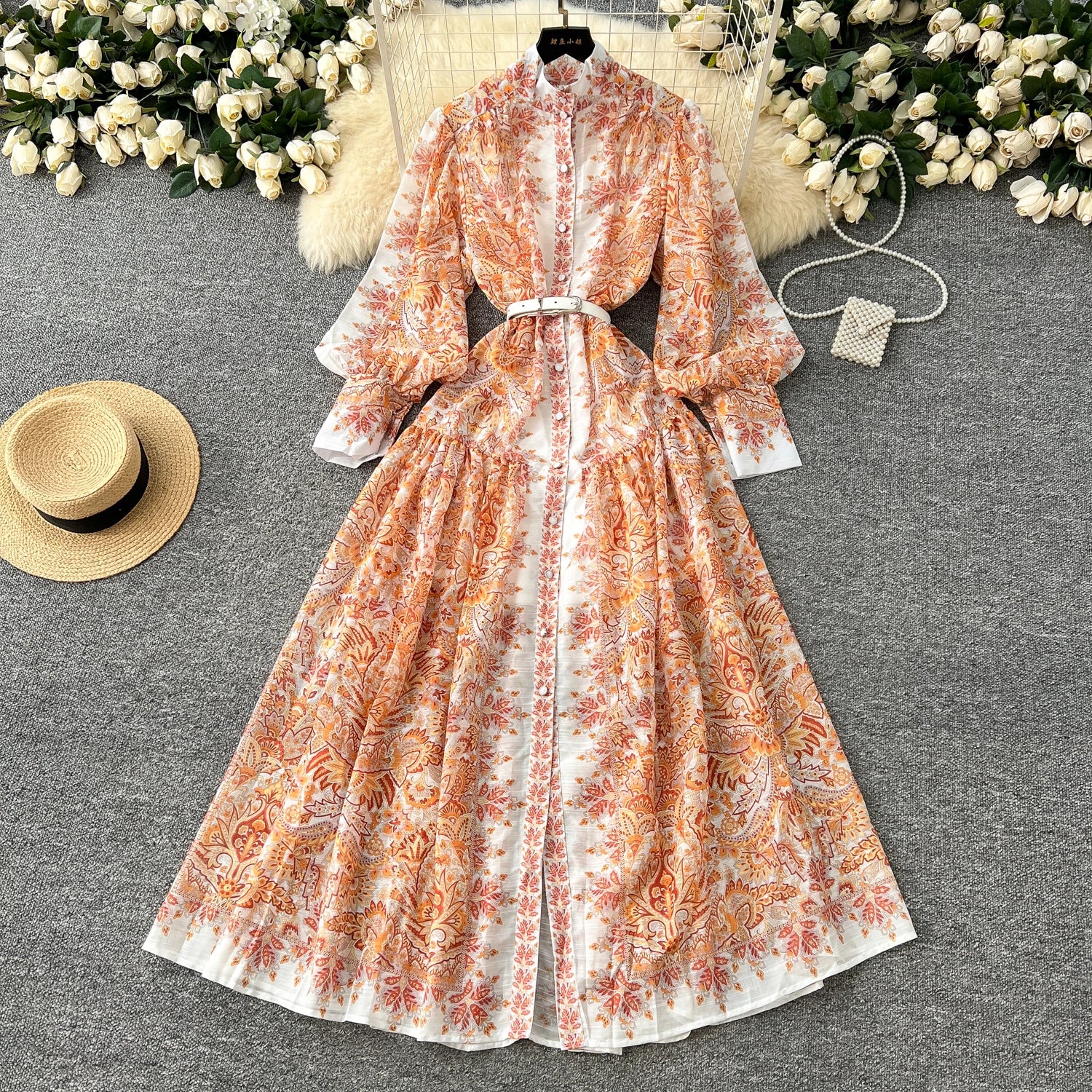 LW0737 2025 Spring Stand Collar Lantern Sleeve Printed Dress Female Pleated Elegant Long Skirt Elegant Casual Dresses Plus Size